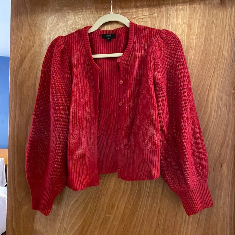 Red JCrew Cardigan with puff sleeves, size M
